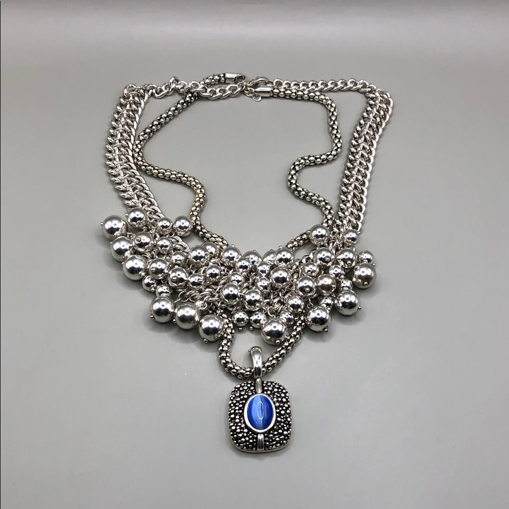 Silver chain necklaces bundle 2 ball bead cluster cat eye pendant PD necklace.